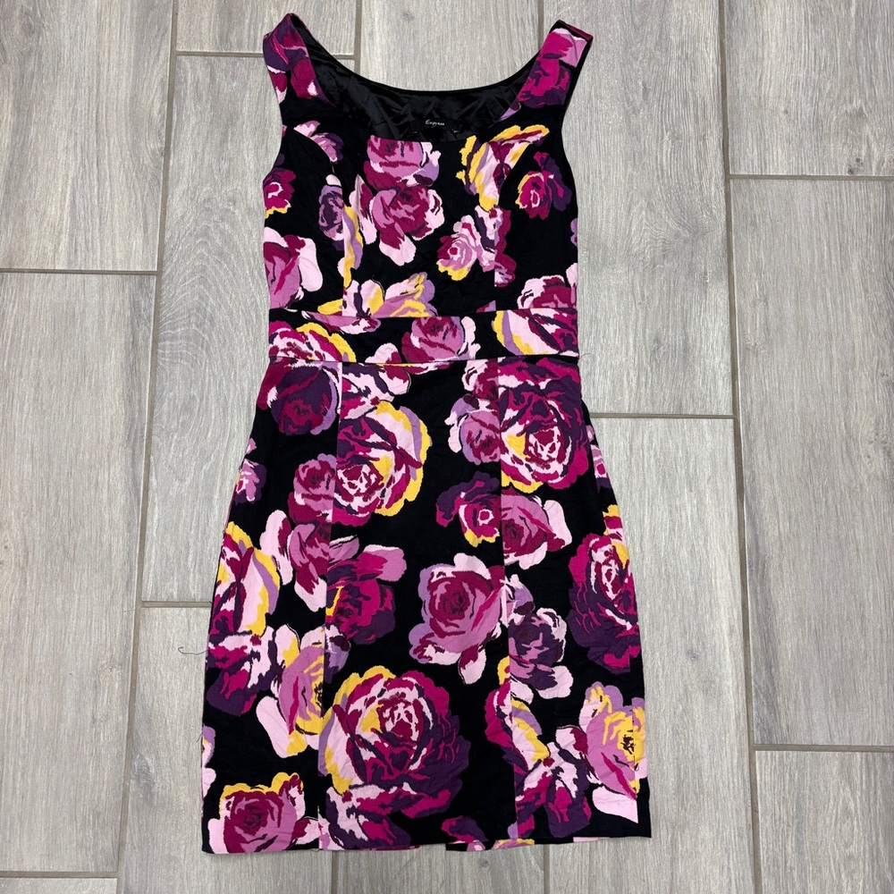 Express Sleeveless Pencil Dress – Black & Pink Floral Roses | Size 2